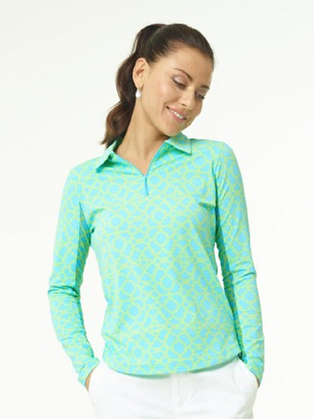 Icikuls Mock Neck Long Sleeve Cooling Sun Shirt - Turquoise and Lime (Lattice)