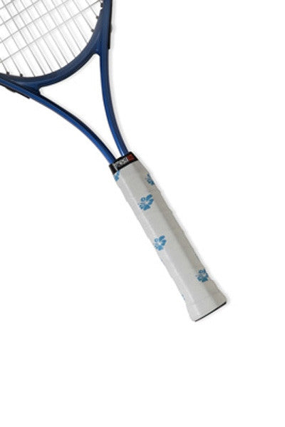 Tennis Racquet overgrip in bright blue and white hibiscus design